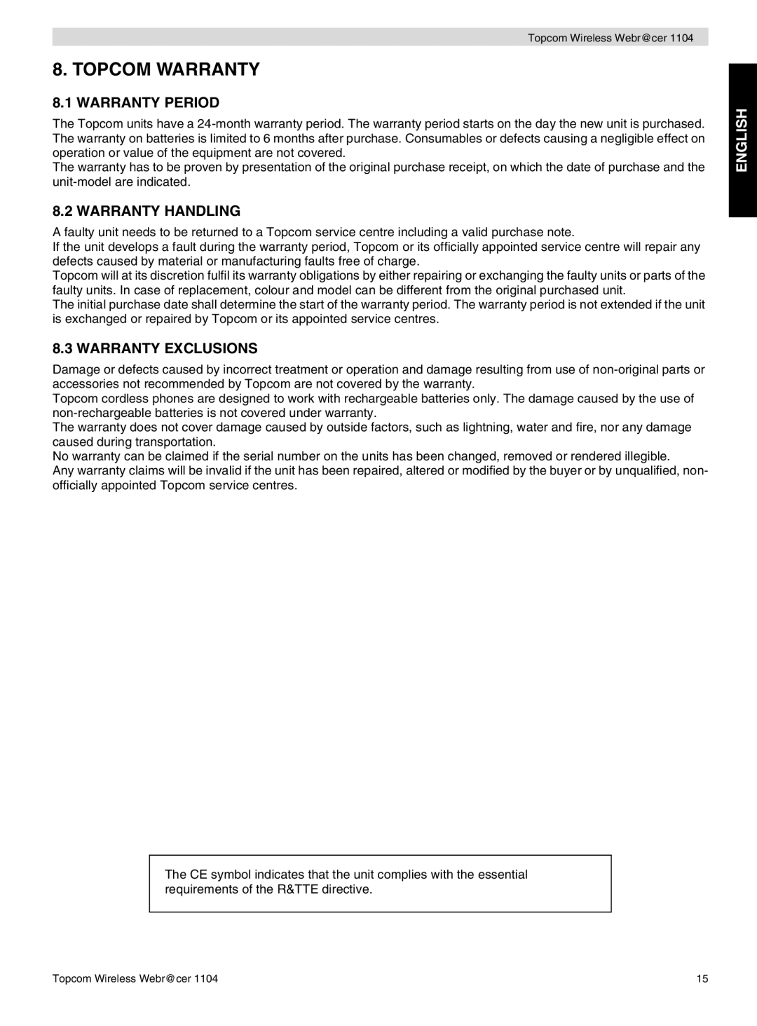 Topcom 1104 manual do utilizador Topcom Warranty, Warranty Period, Warranty Handling, Warranty Exclusions 