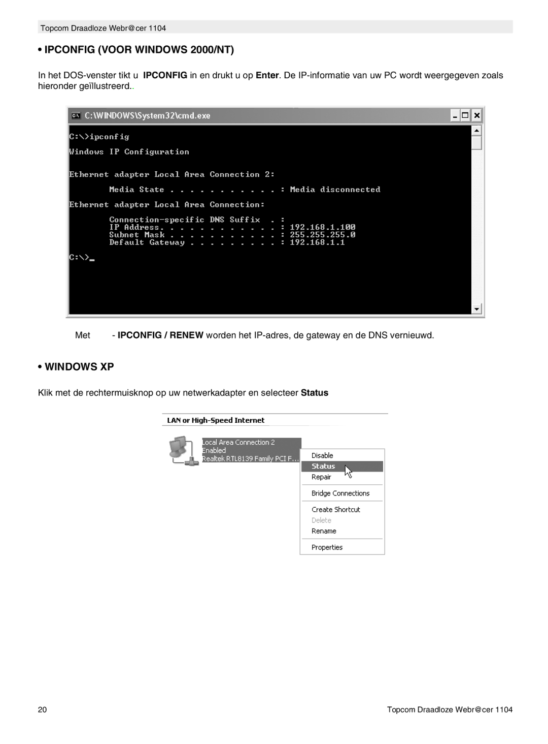 Topcom 1104 manual do utilizador Ipconfig Voor Windows 2000/NT, Windows XP 