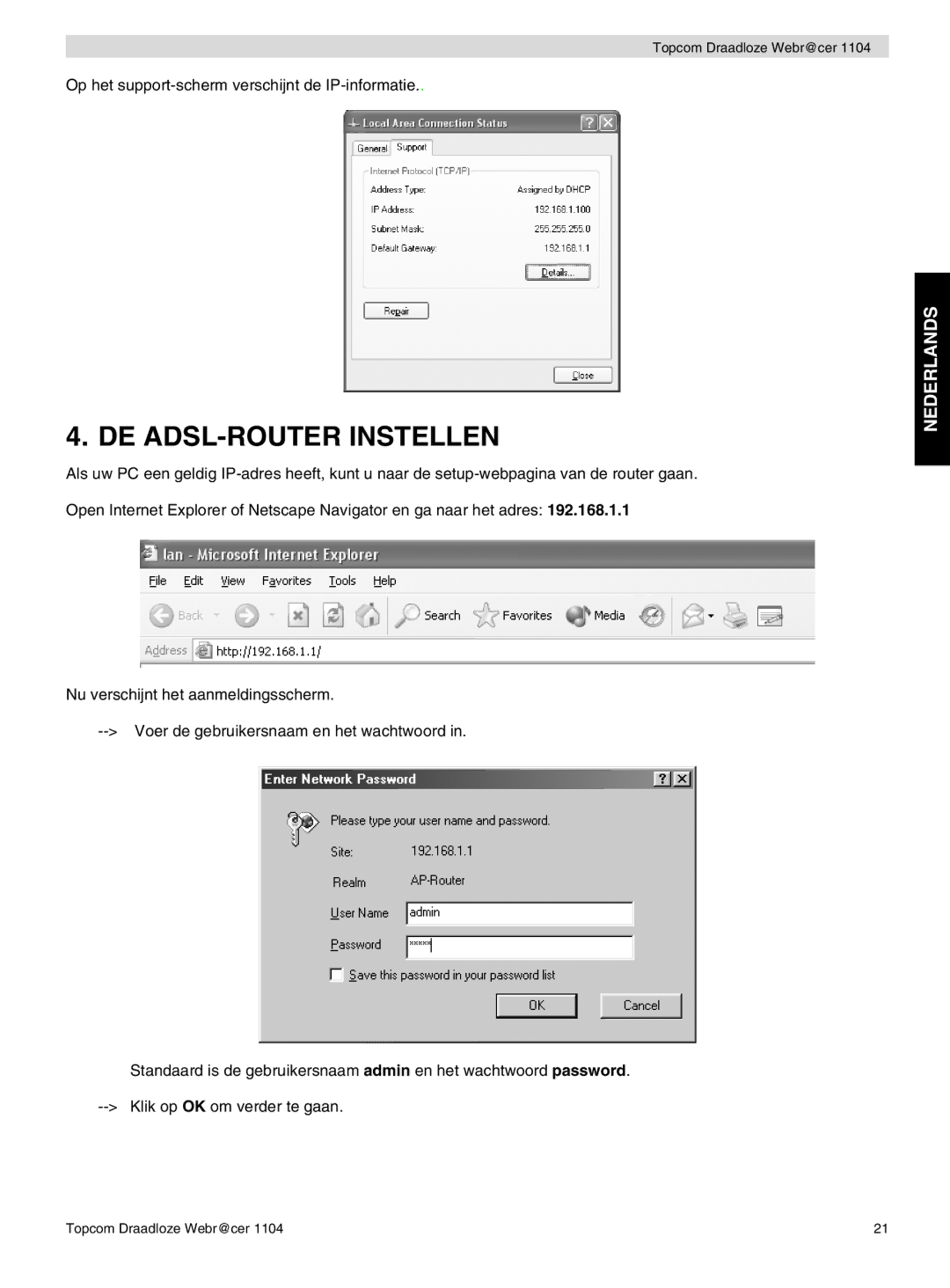 Topcom 1104 manual do utilizador DE ADSL-ROUTER Instellen 