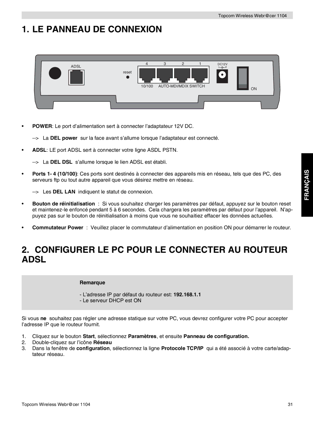 Topcom 1104 manual do utilizador LE Panneau DE Connexion, Configurer LE PC Pour LE Connecter AU Routeur Adsl 