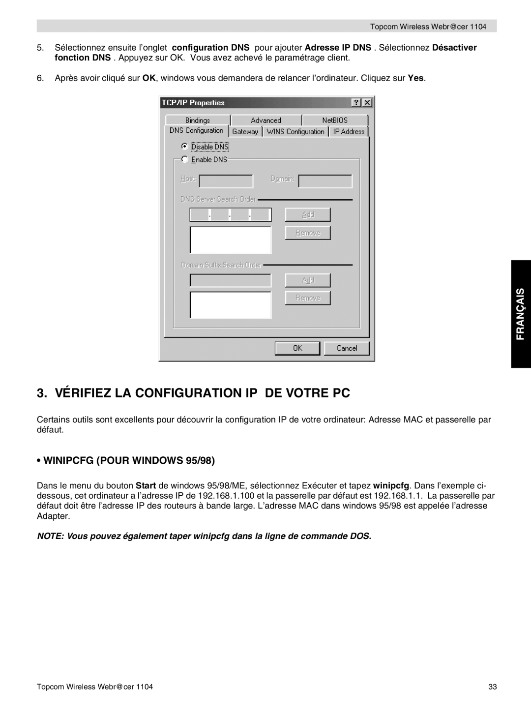 Topcom 1104 manual do utilizador Vérifiez LA Configuration IP DE Votre PC, Winipcfg Pour Windows 95/98 