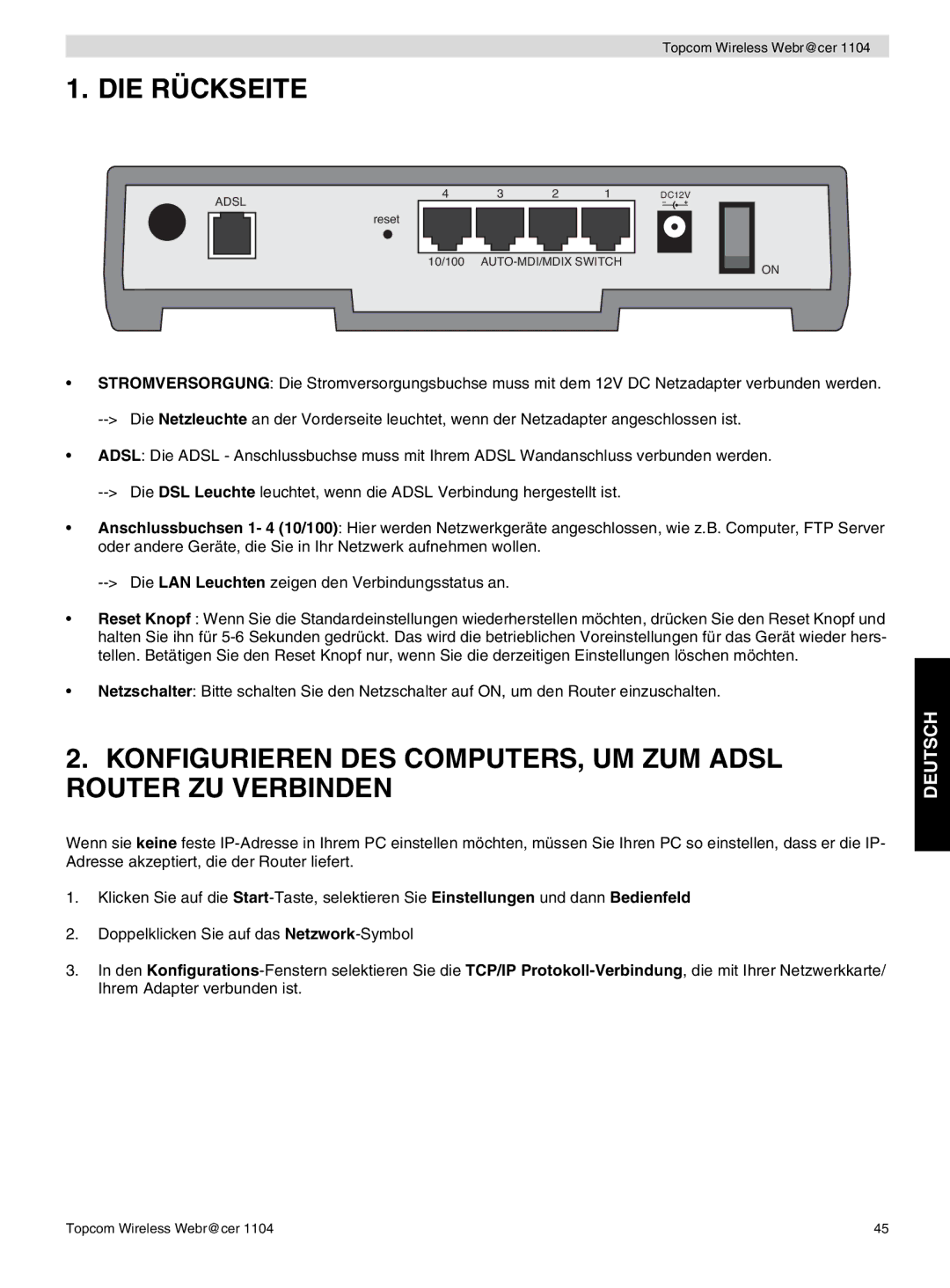 Topcom 1104 manual do utilizador DIE Rückseite, Konfigurieren DES COMPUTERS, UM ZUM Adsl Router ZU Verbinden 