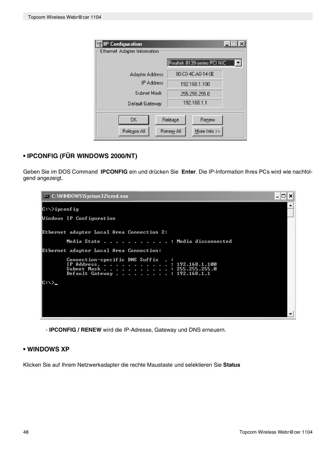 Topcom 1104 manual do utilizador Ipconfig FÜR Windows 2000/NT, Windows XP 