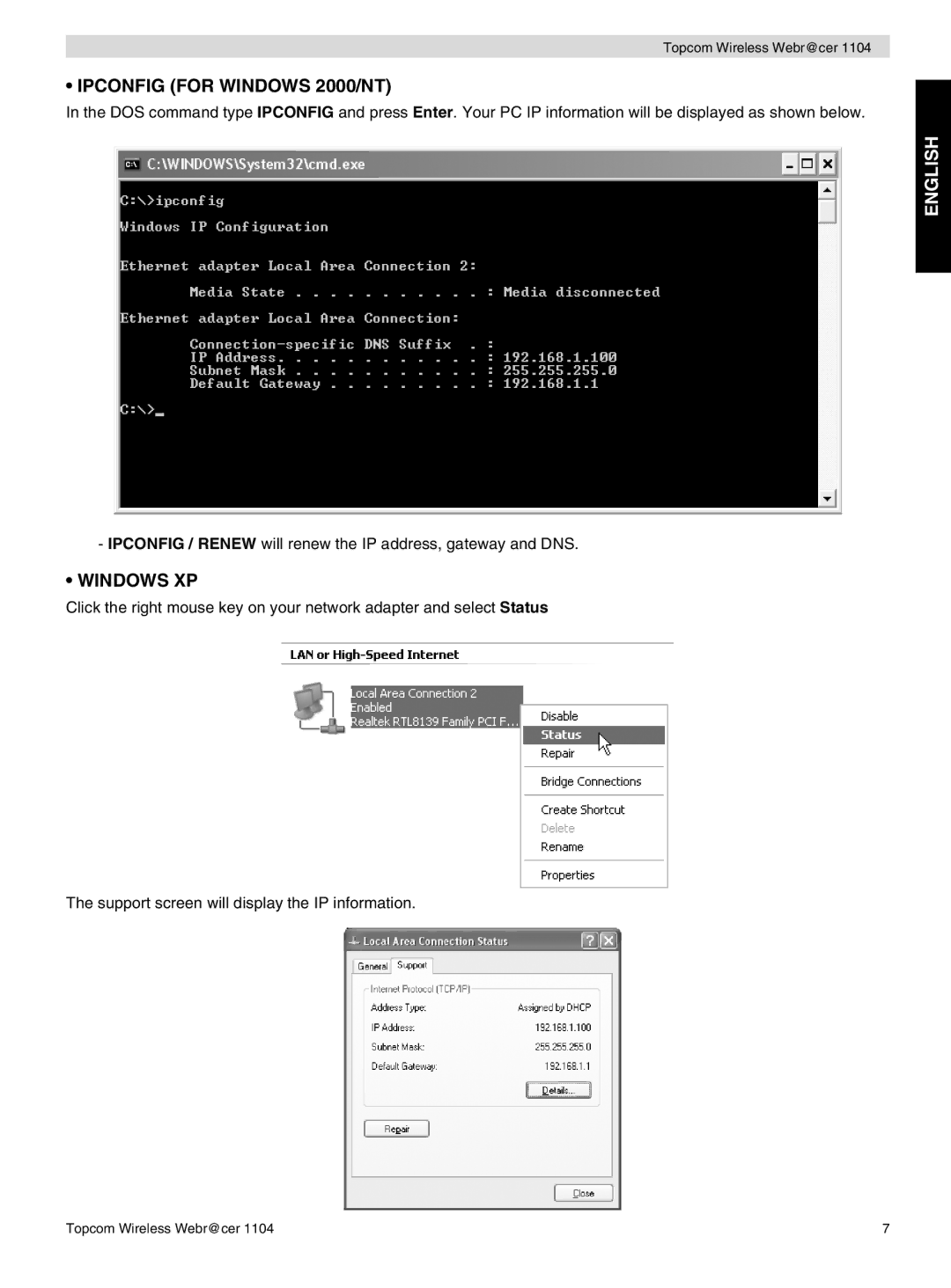 Topcom 1104 manual do utilizador Ipconfig for Windows 2000/NT, Windows XP 