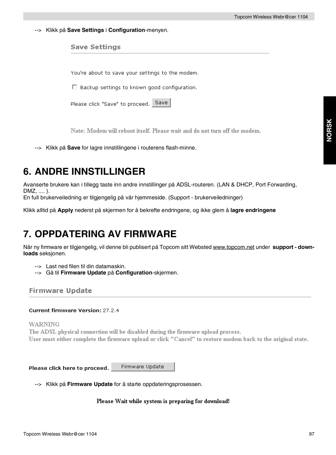 Topcom 1104 manual do utilizador Andre Innstillinger, Oppdatering AV Firmware 