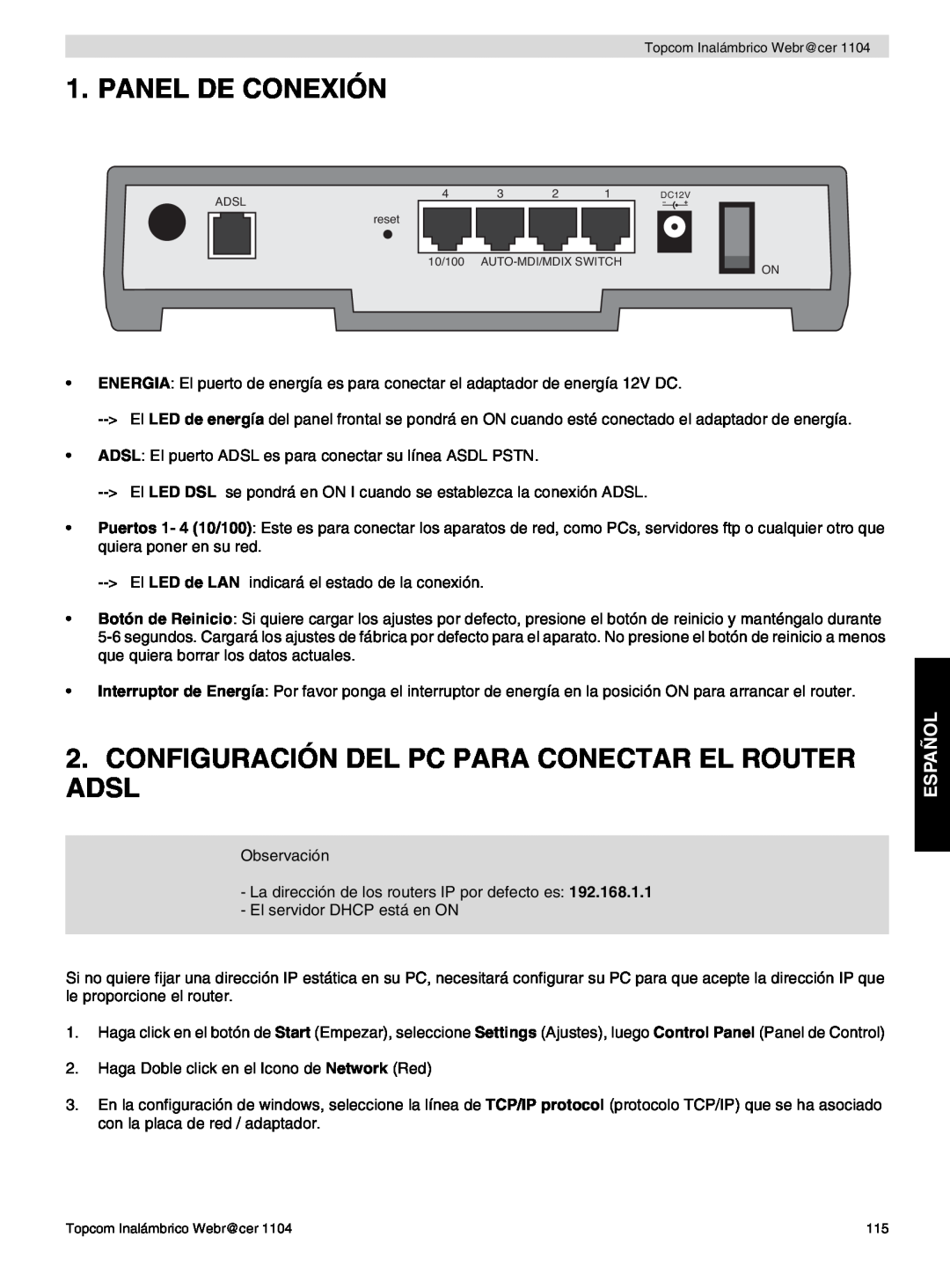 Topcom 1104 manual do utilizador Panel De Conexión, Configuración Del Pc Para Conectar El Router Adsl, Español 