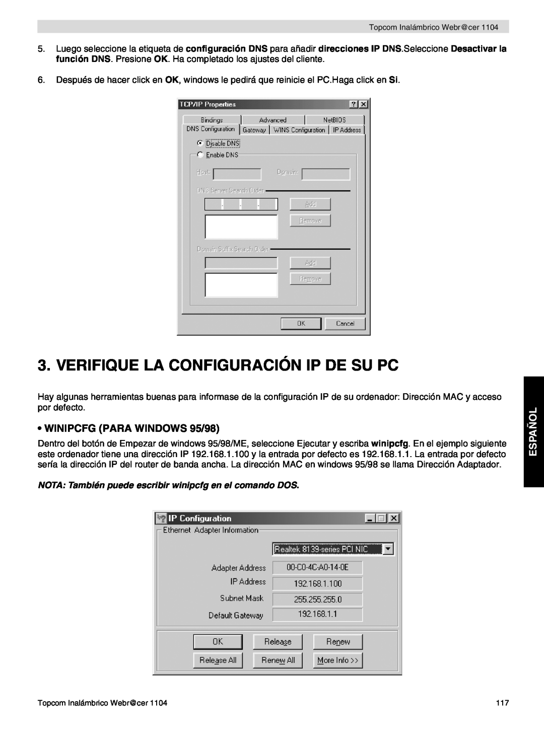 Topcom 1104 manual do utilizador Verifique La Configuración Ip De Su Pc, WINIPCFG PARA WINDOWS 95/98, Español 