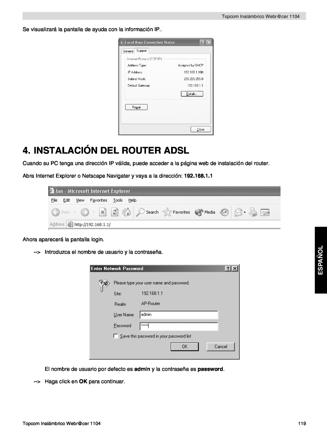 Topcom 1104 manual do utilizador Instalación Del Router Adsl, Español 
