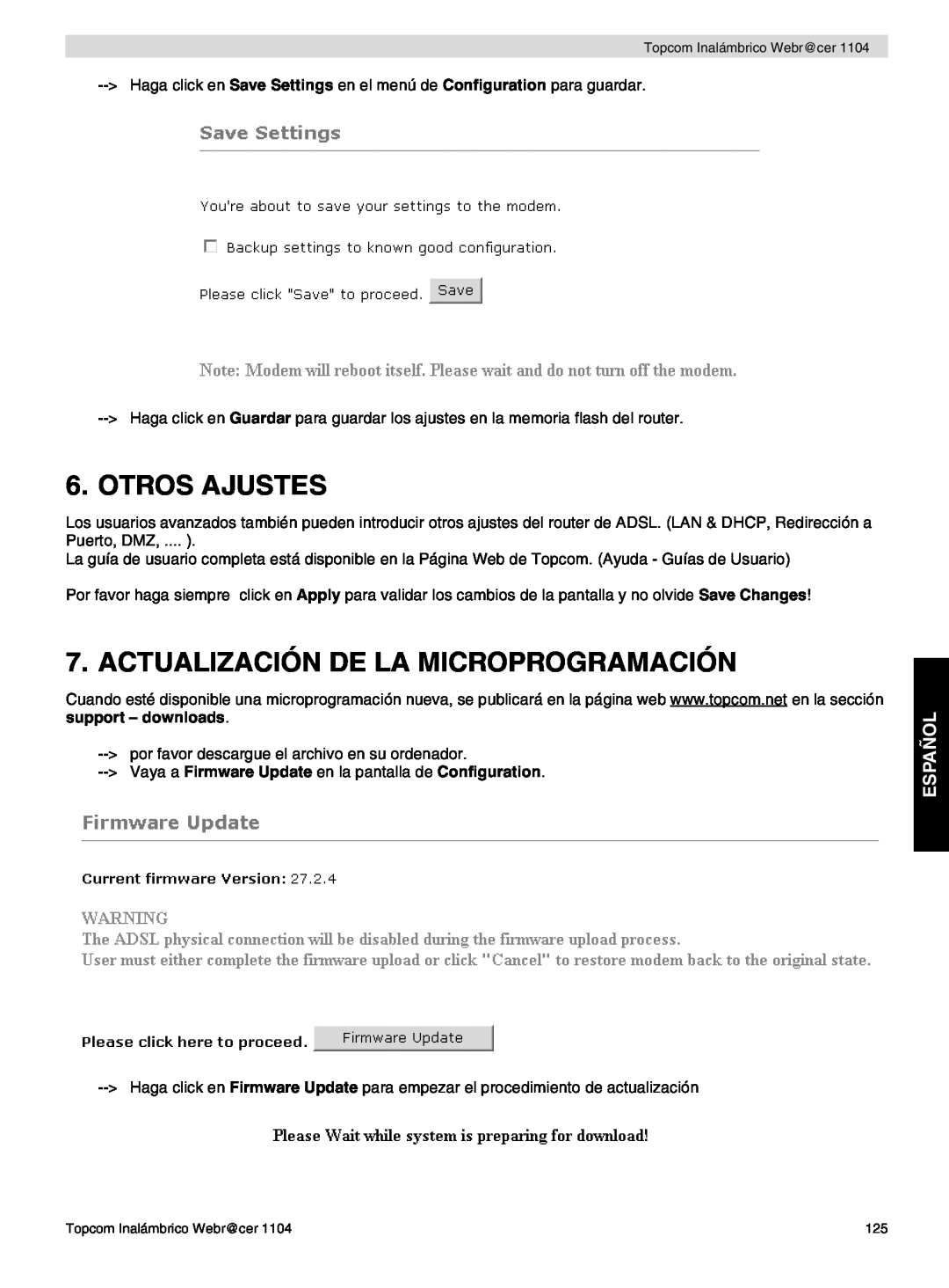 Topcom 1104 manual do utilizador Otros Ajustes, Actualización De La Microprogramación, Español 