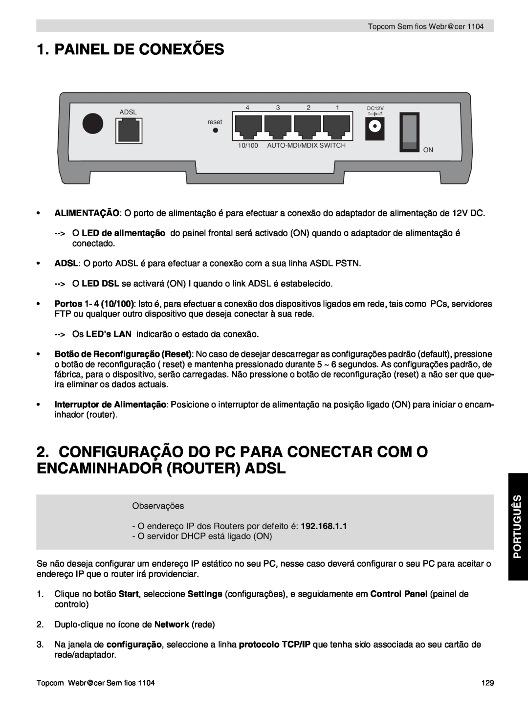 Topcom 1104 Painel De Conexões, Configuração Do Pc Para Conectar Com O Encaminhador Router Adsl, Português 