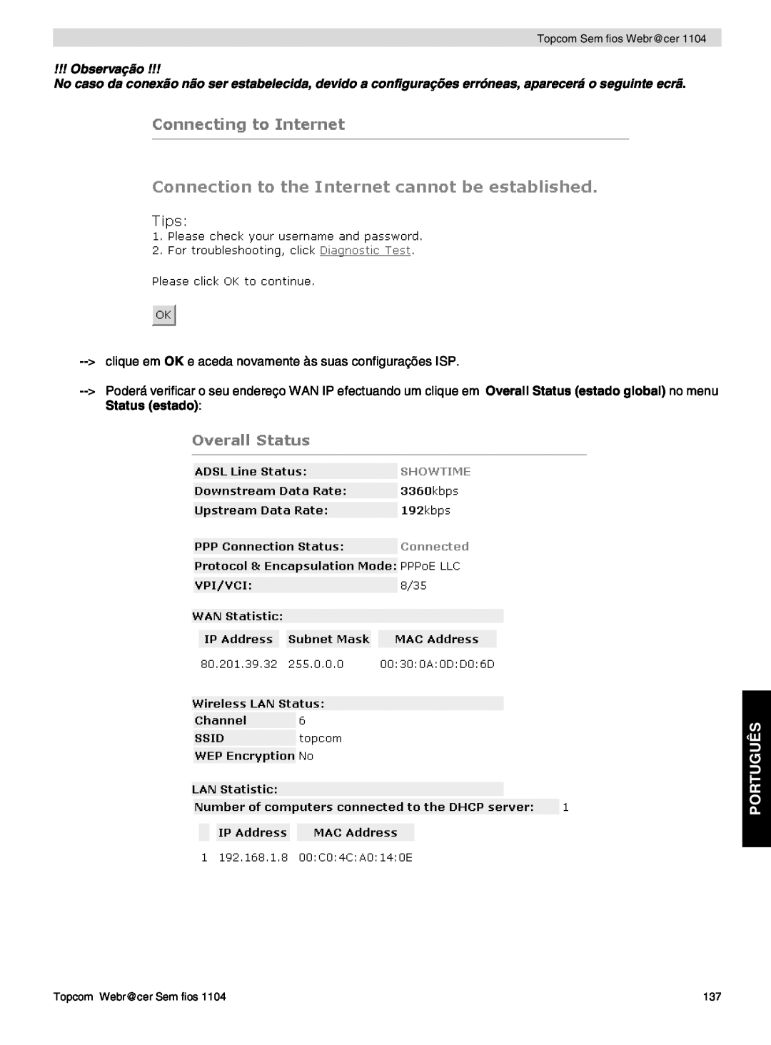 Topcom 1104 manual do utilizador Português, Observação, clique em OK e aceda novamente às suas configurações ISP 