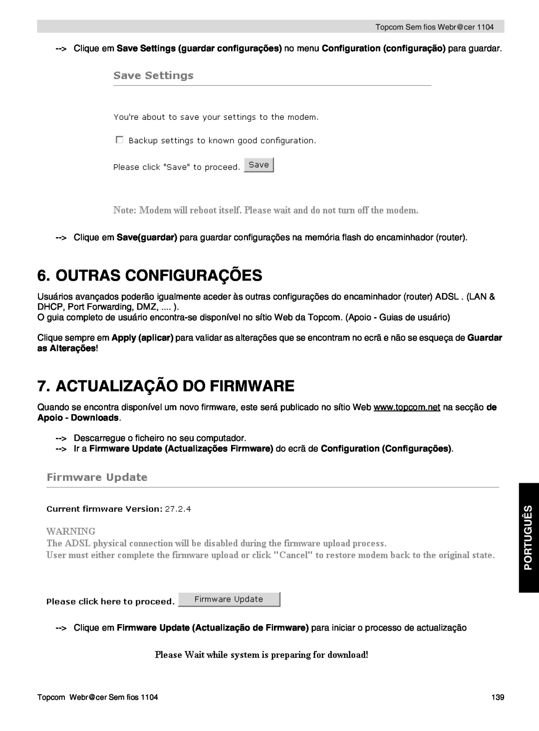 Topcom 1104 manual do utilizador Outras Configurações, Actualização Do Firmware, Português 