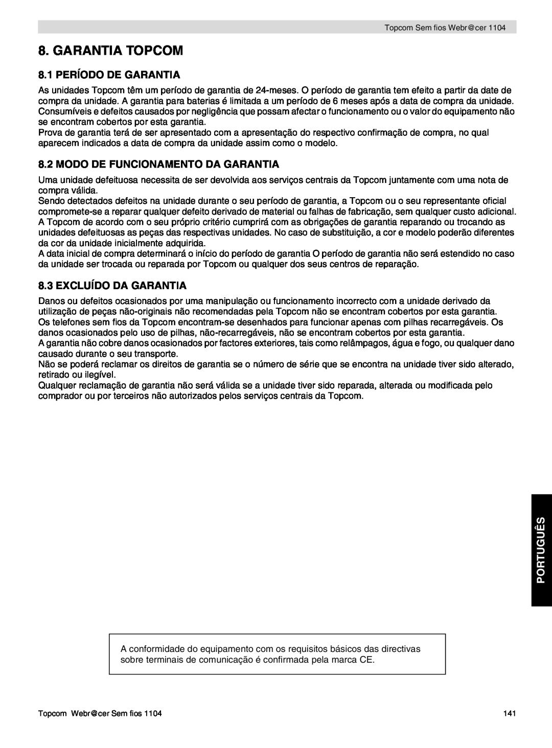 Topcom 1104 Garantia Topcom, 8.1 PERÍODO DE GARANTIA, Modo De Funcionamento Da Garantia, Excluído Da Garantia, Português 