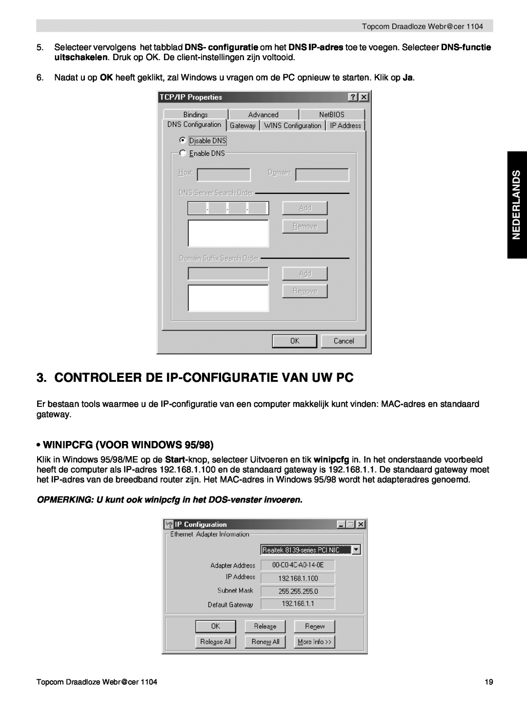 Topcom 1104 manual do utilizador Controleer De Ip-Configuratie Van Uw Pc, Nederlands, WINIPCFG VOOR WINDOWS 95/98 