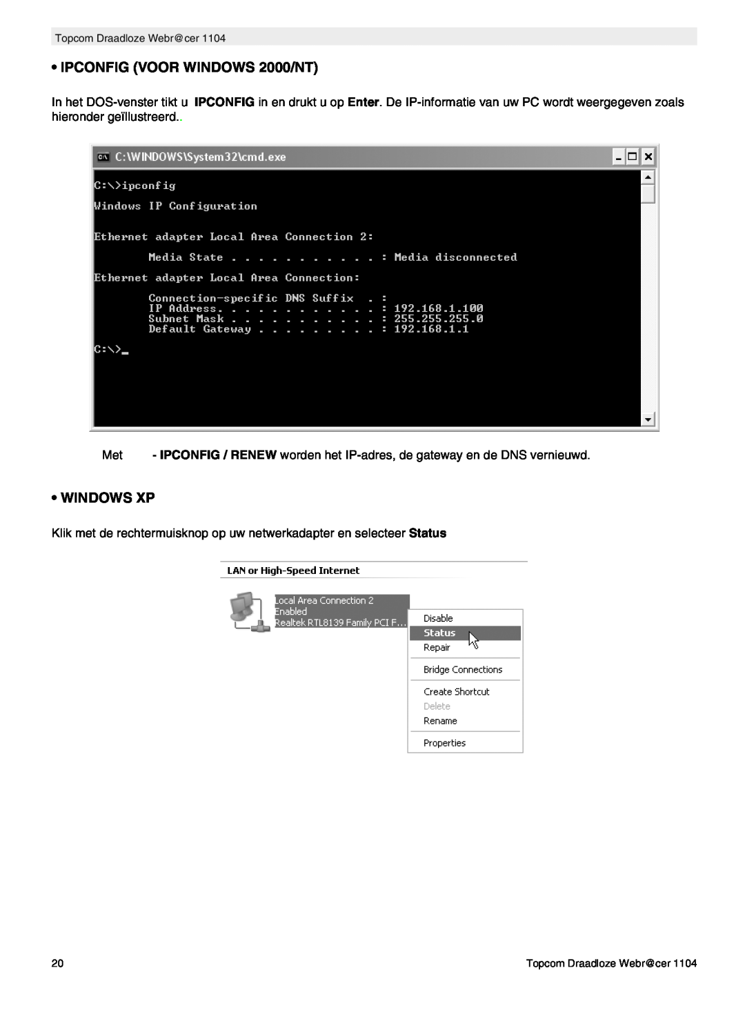 Topcom 1104 manual do utilizador IPCONFIG VOOR WINDOWS 2000/NT, Windows Xp 