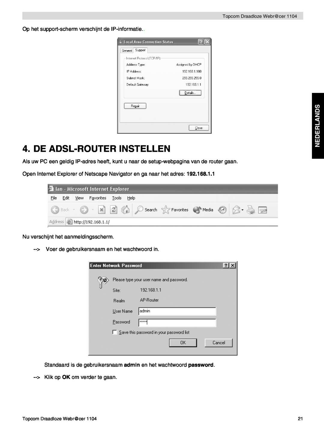 Topcom 1104 manual do utilizador De Adsl-Router Instellen, Nederlands 