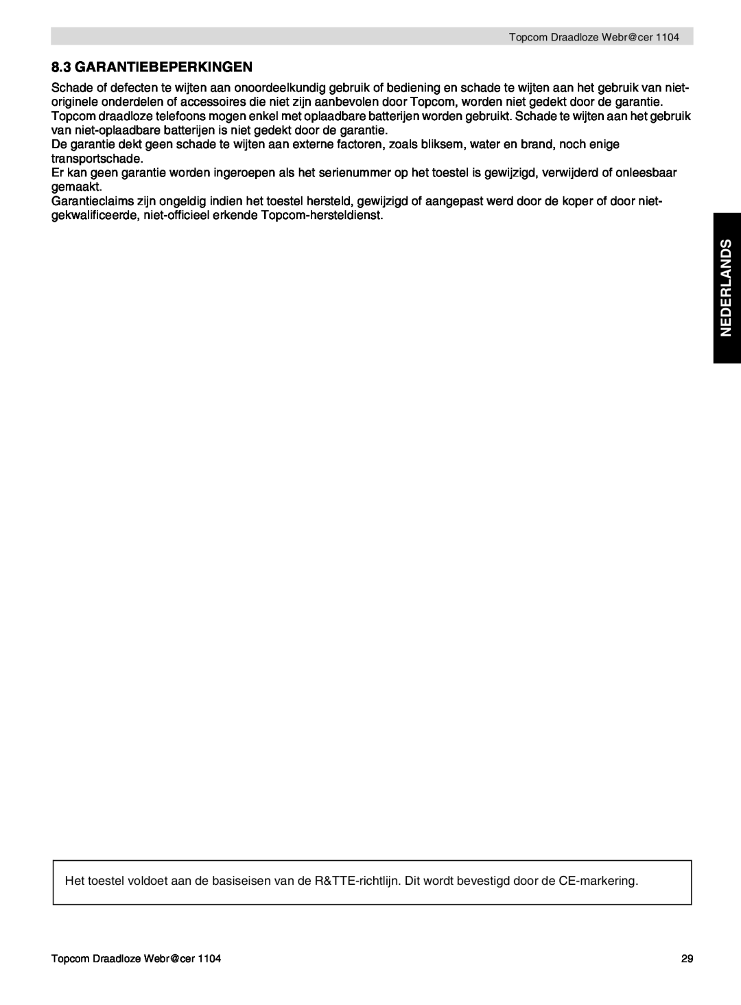 Topcom 1104 manual do utilizador Garantiebeperkingen, Nederlands 
