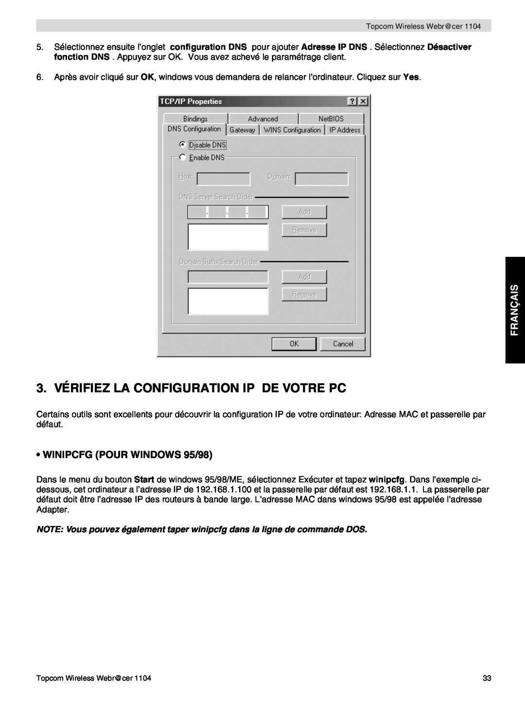 Topcom 1104 manual do utilizador 3. VÉRIFIEZ LA CONFIGURATION IP DE VOTRE PC, Français, WINIPCFG POUR WINDOWS 95/98 