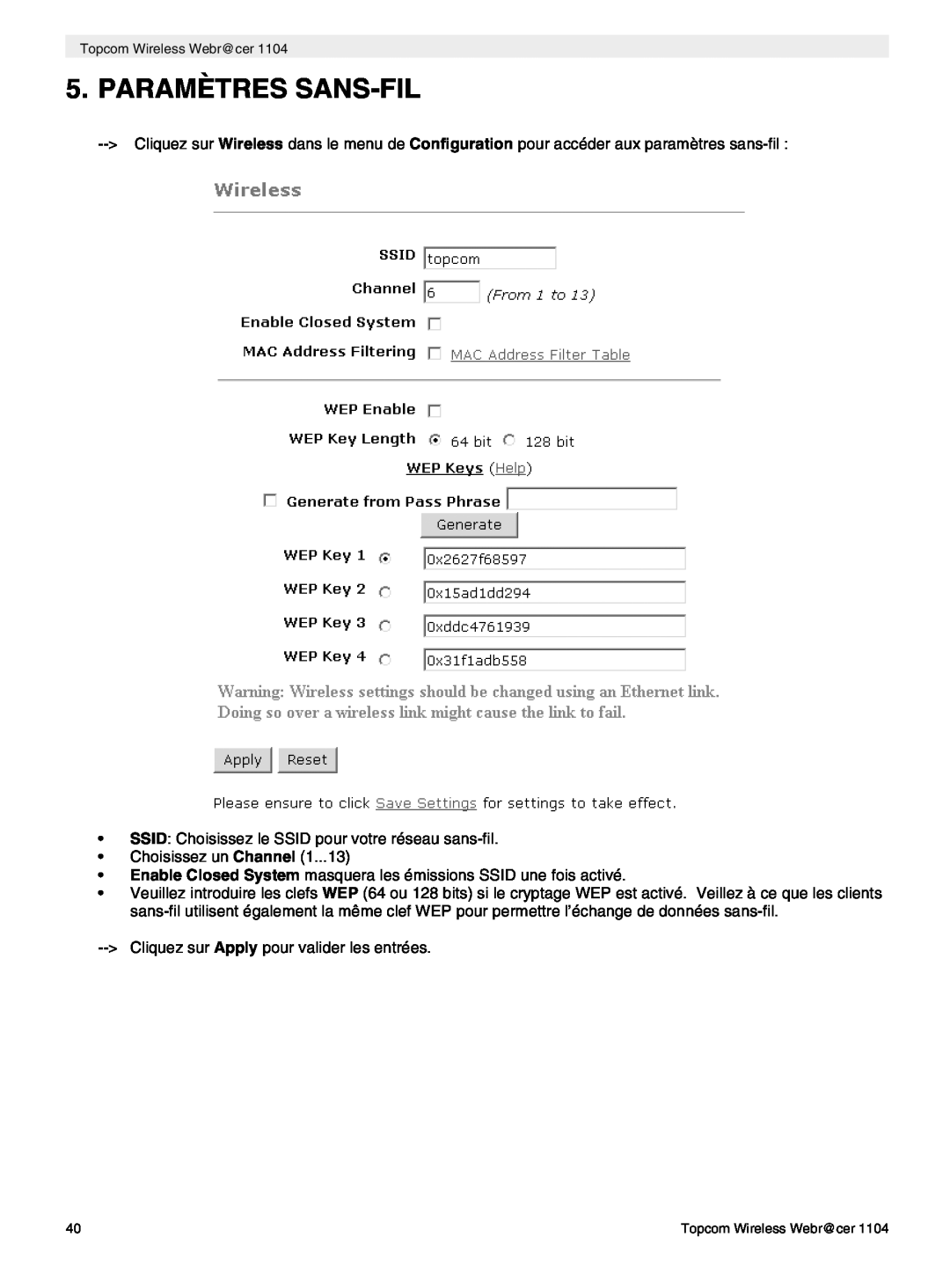Topcom 1104 manual do utilizador Paramètres Sans-Fil 