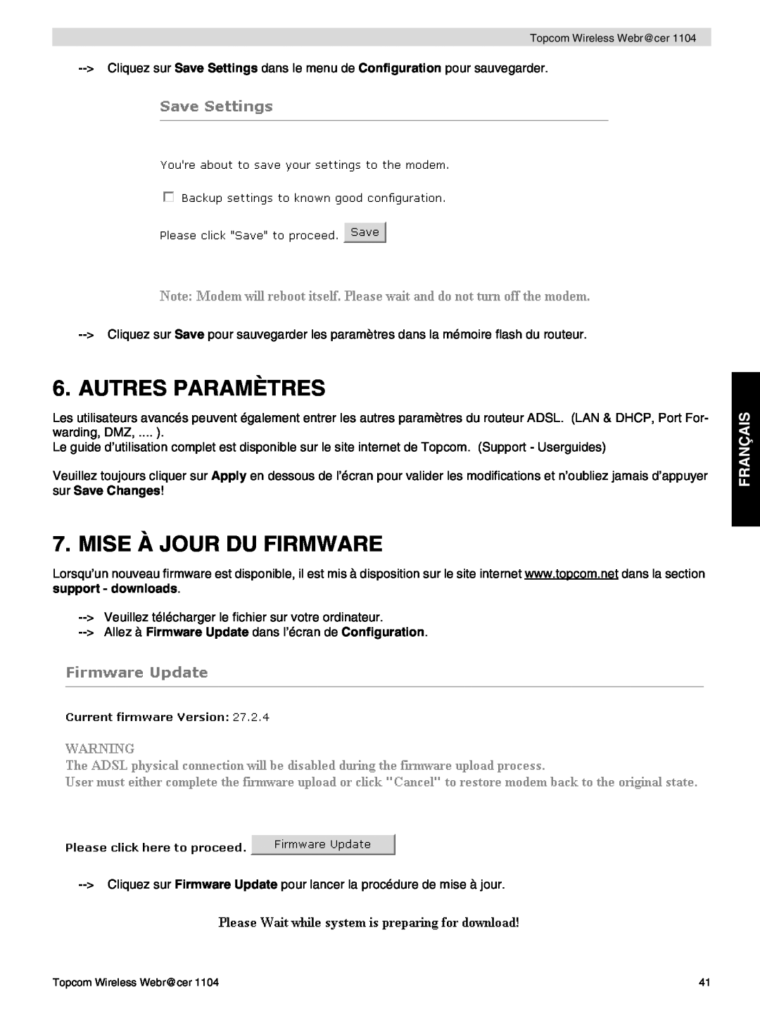 Topcom 1104 manual do utilizador Autres Paramètres, Mise À Jour Du Firmware, Français 