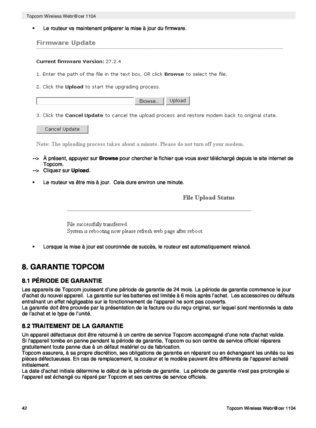 Topcom 1104 manual do utilizador Garantie Topcom, 8.1 PÉRIODE DE GARANTIE, Traitement De La Garantie 