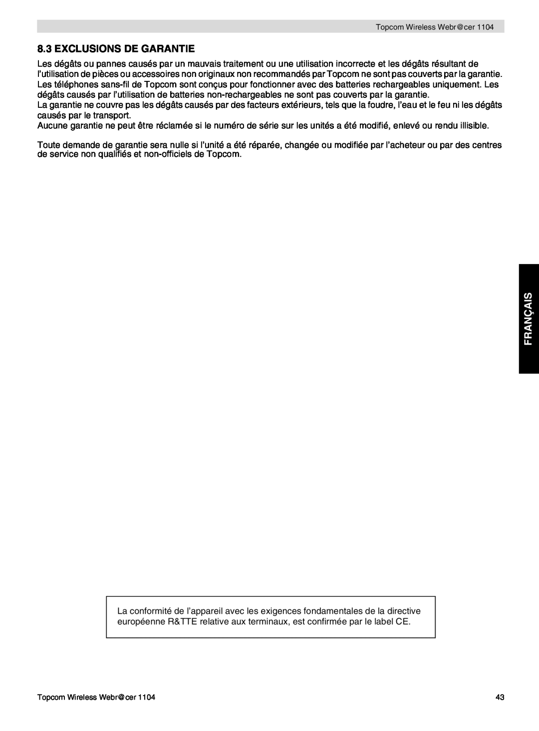 Topcom 1104 manual do utilizador Exclusions De Garantie, Français 