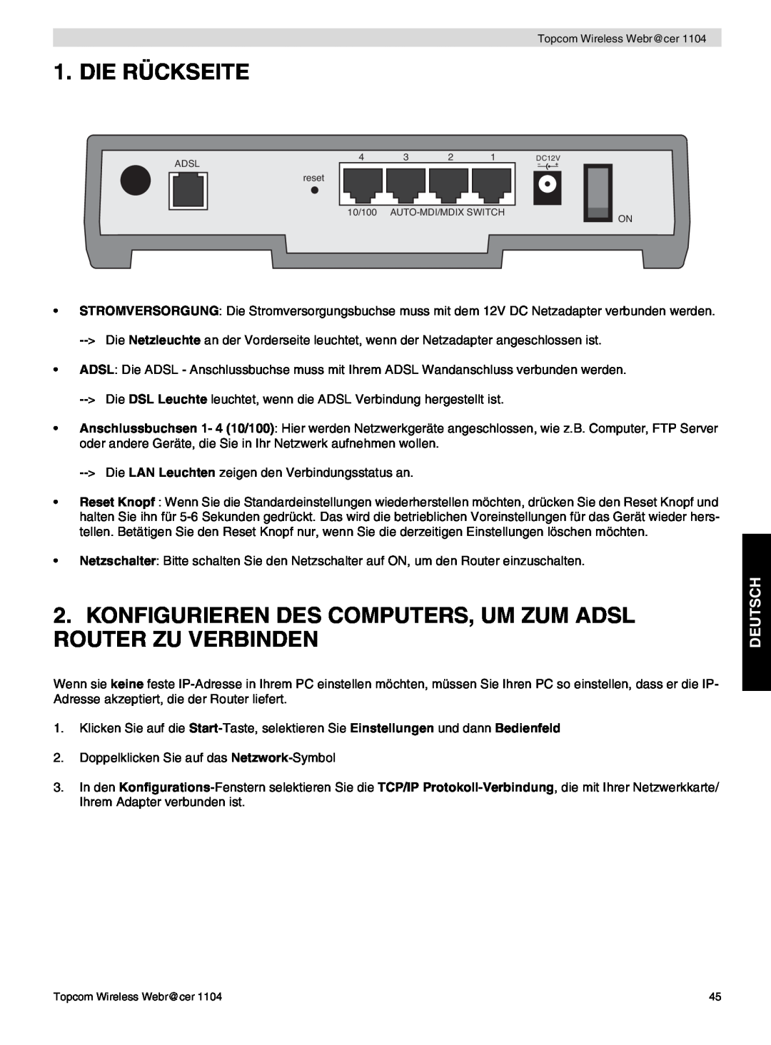 Topcom 1104 manual do utilizador Die Rückseite, Konfigurieren Des Computers, Um Zum Adsl Router Zu Verbinden, Deutsch 