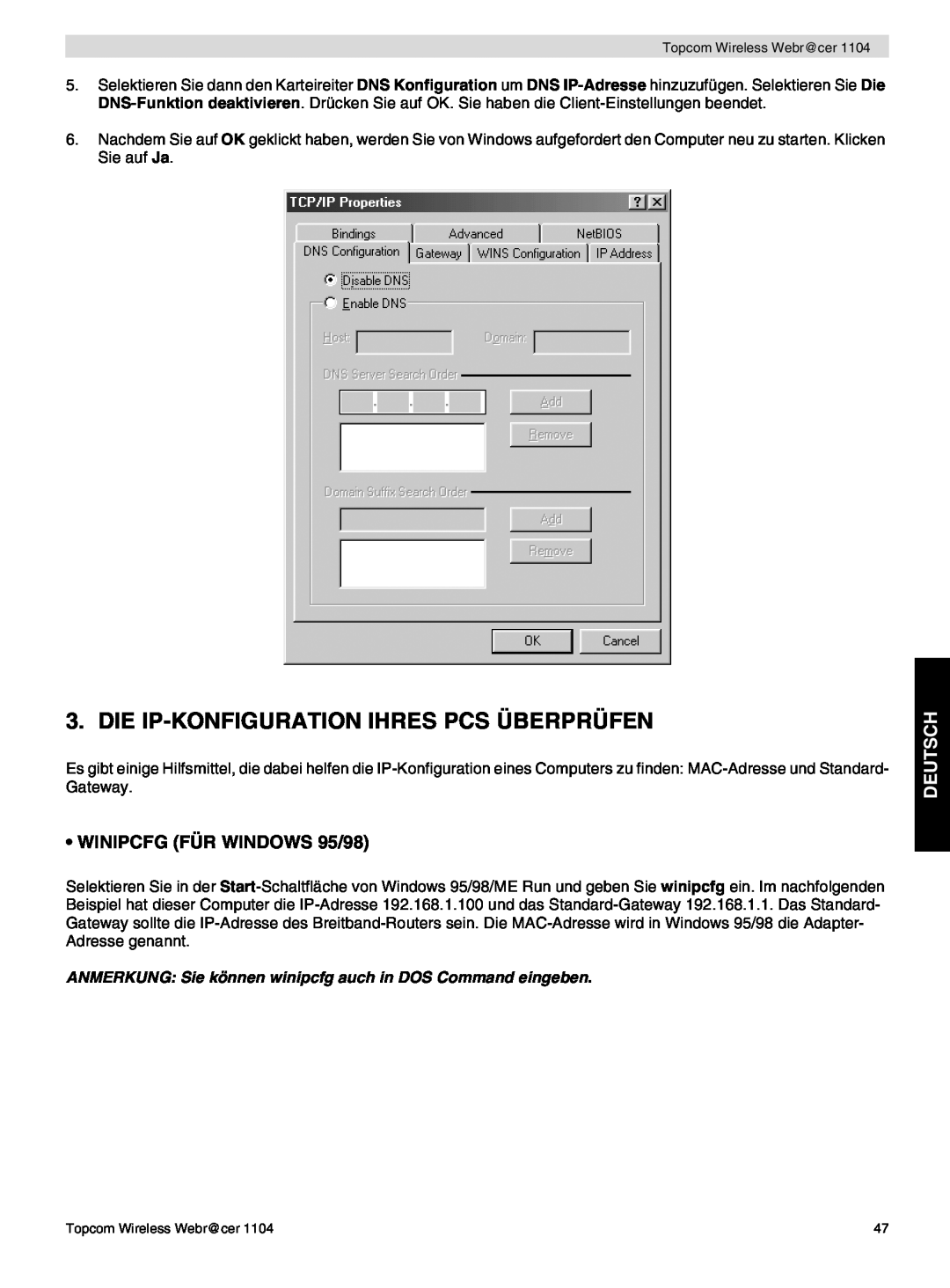 Topcom 1104 manual do utilizador Die Ip-Konfiguration Ihres Pcs Überprüfen, WINIPCFG FÜR WINDOWS 95/98, Deutsch 