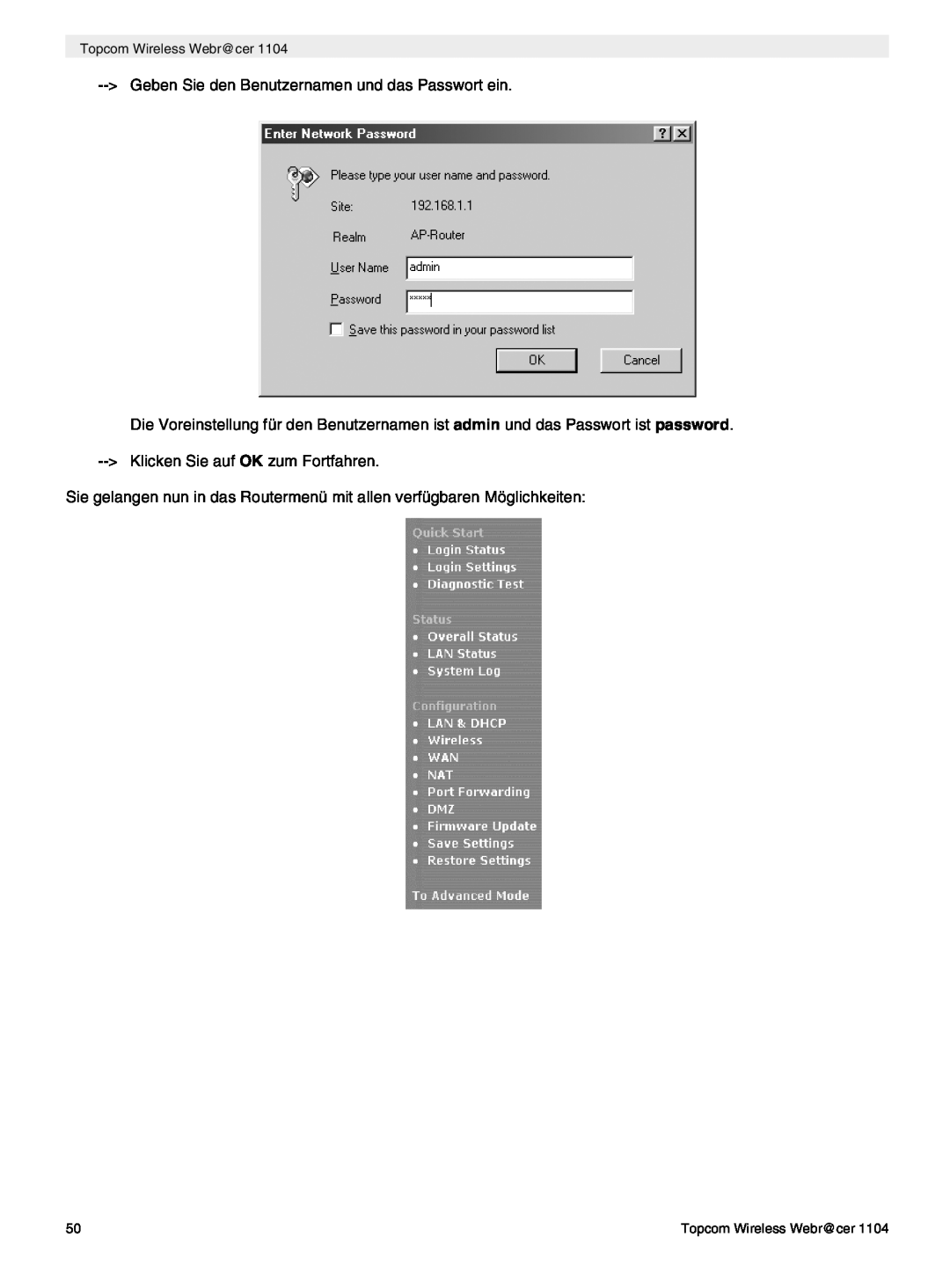 Topcom 1104 manual do utilizador Geben Sie den Benutzernamen und das Passwort ein, Topcom Wireless Webr@cer 
