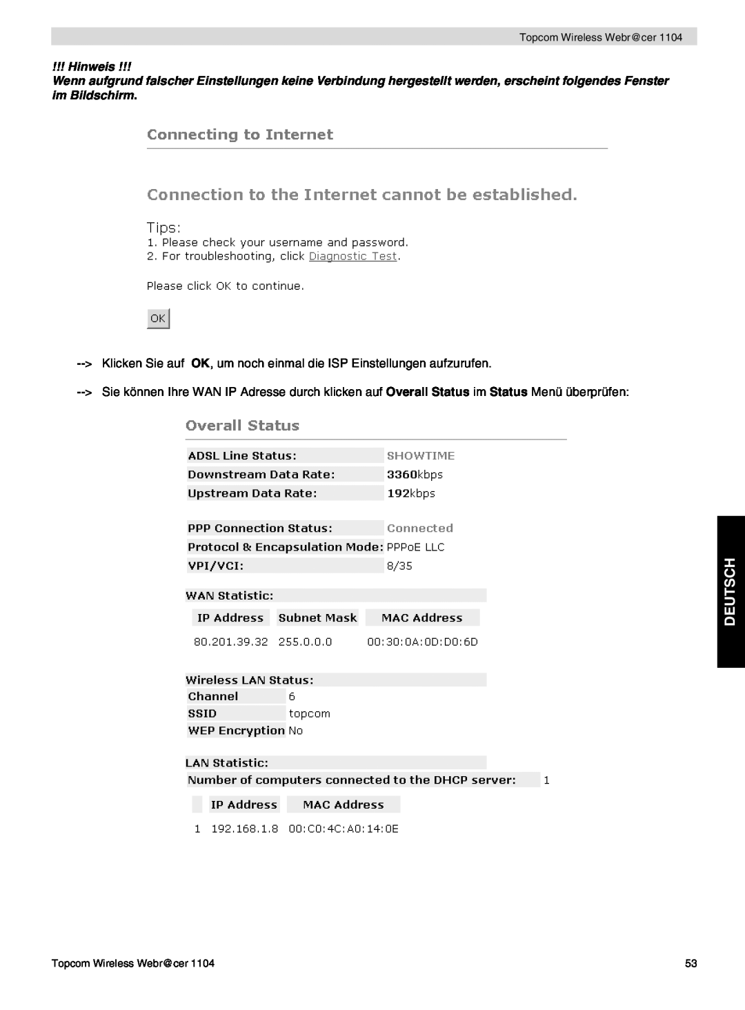 Topcom 1104 manual do utilizador Deutsch, Hinweis, Klicken Sie auf OK, um noch einmal die ISP Einstellungen aufzurufen 