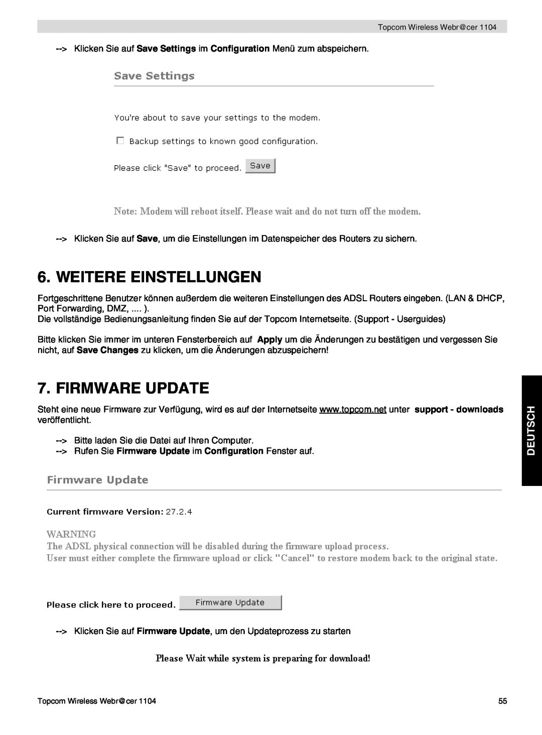 Topcom 1104 manual do utilizador Weitere Einstellungen, Deutsch, Rufen Sie Firmware Update im Configuration Fenster auf 