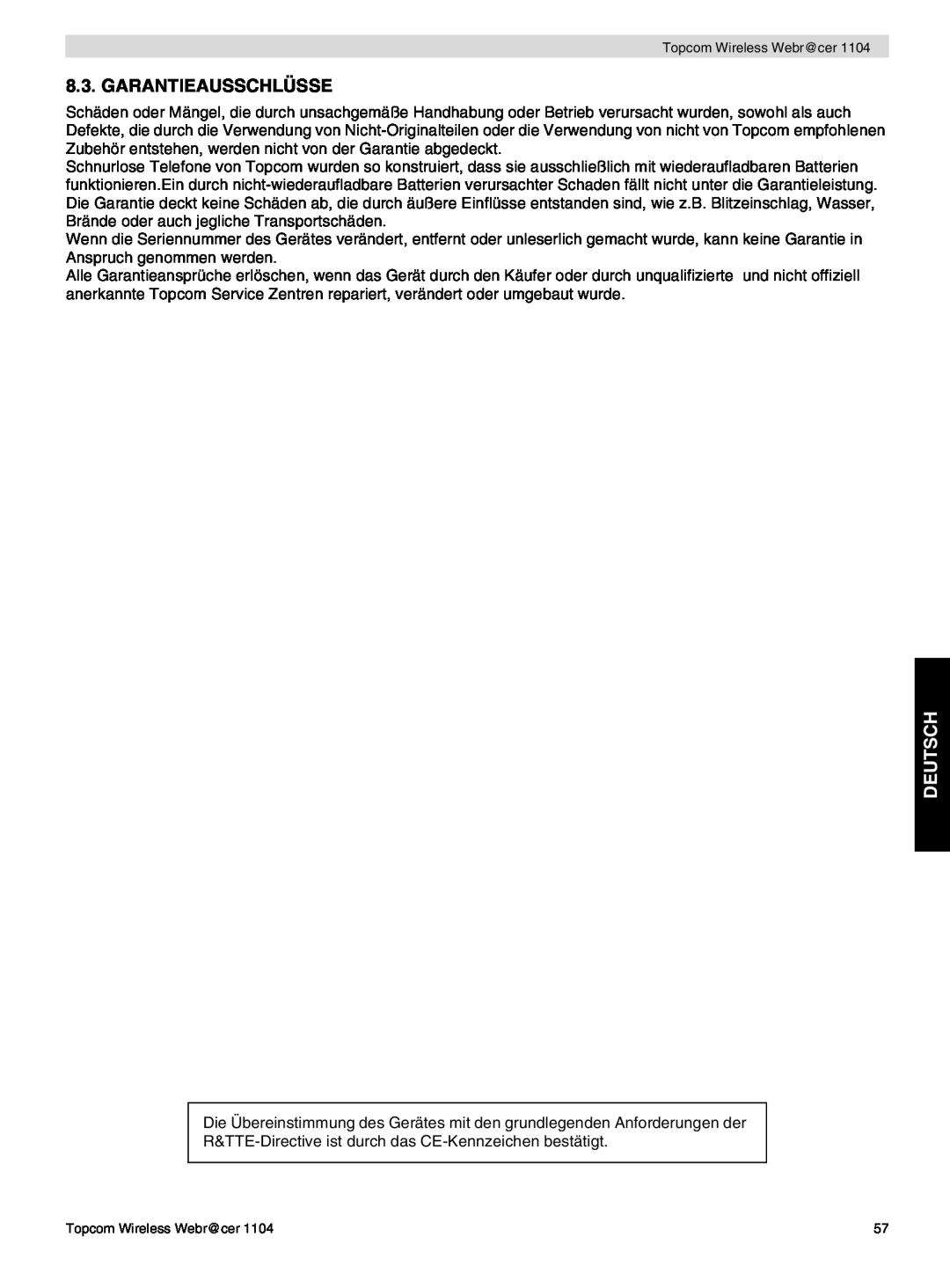 Topcom 1104 manual do utilizador Garantieausschlüsse, Deutsch 