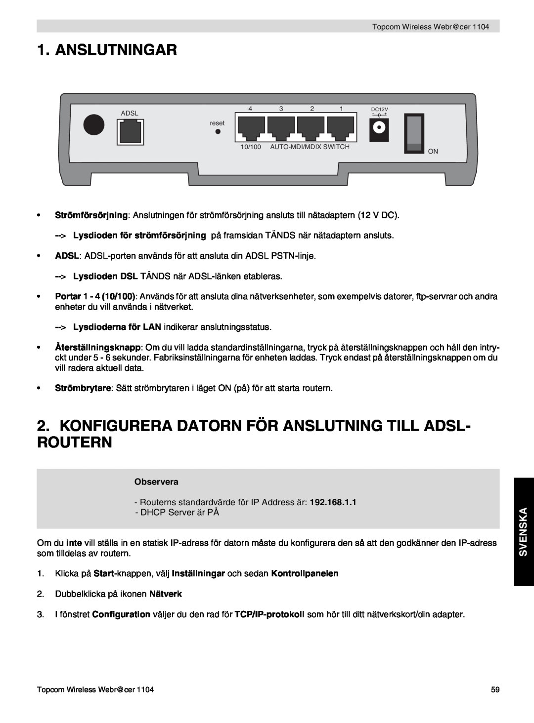 Topcom 1104 manual do utilizador Anslutningar, Konfigurera Datorn För Anslutning Till Adsl- Routern, Svenska 