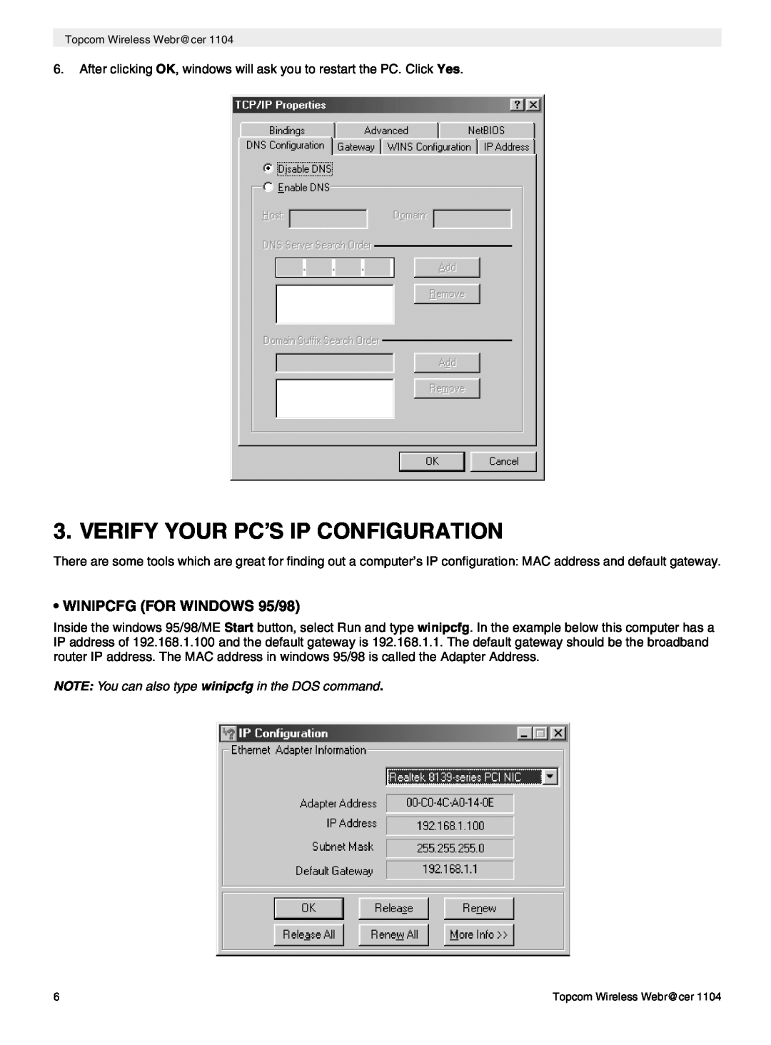 Topcom 1104 manual do utilizador Verify Your Pc’S Ip Configuration, WINIPCFG FOR WINDOWS 95/98 