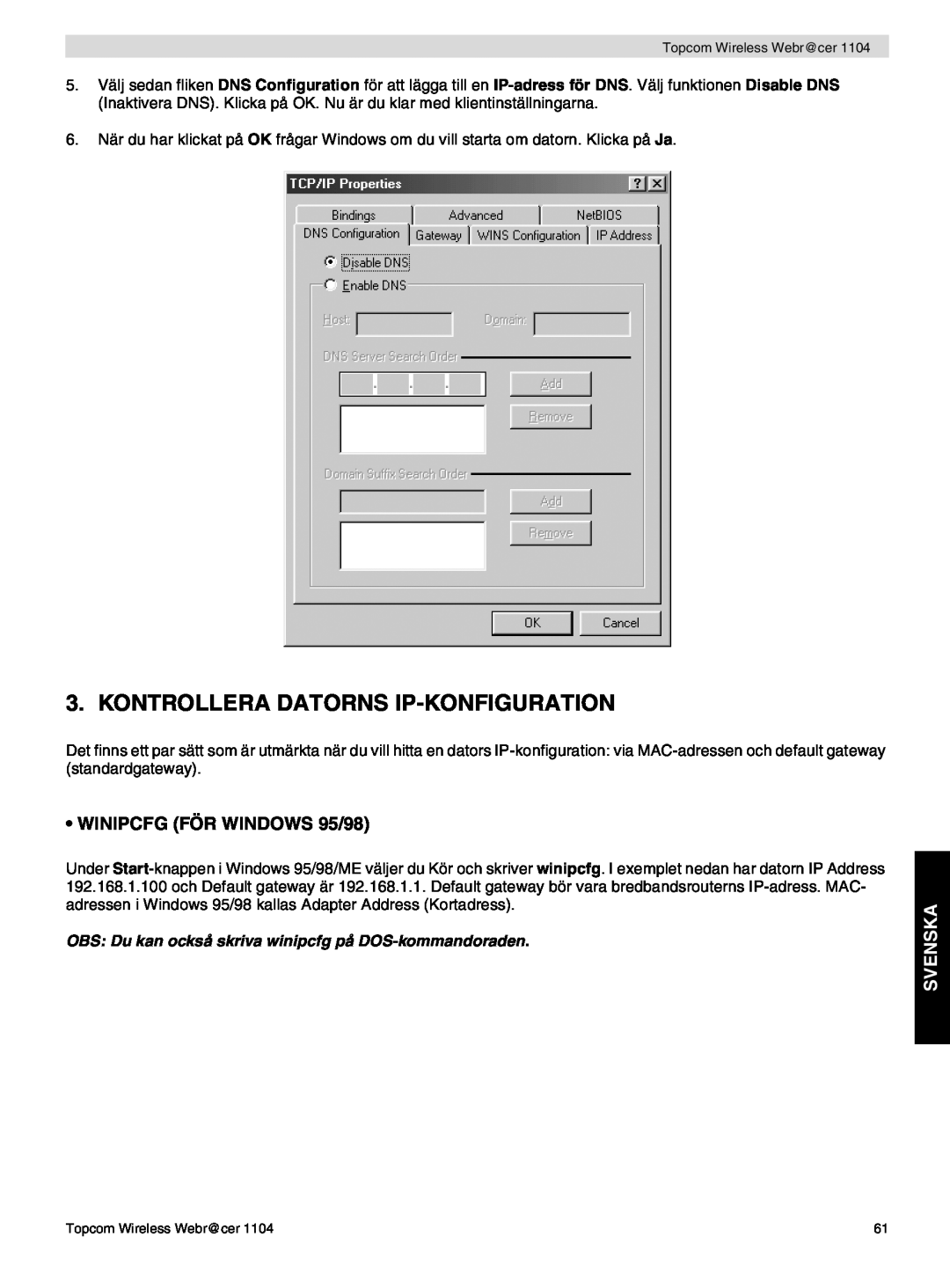 Topcom 1104 manual do utilizador Kontrollera Datorns Ip-Konfiguration, WINIPCFG FÖR WINDOWS 95/98, Svenska 