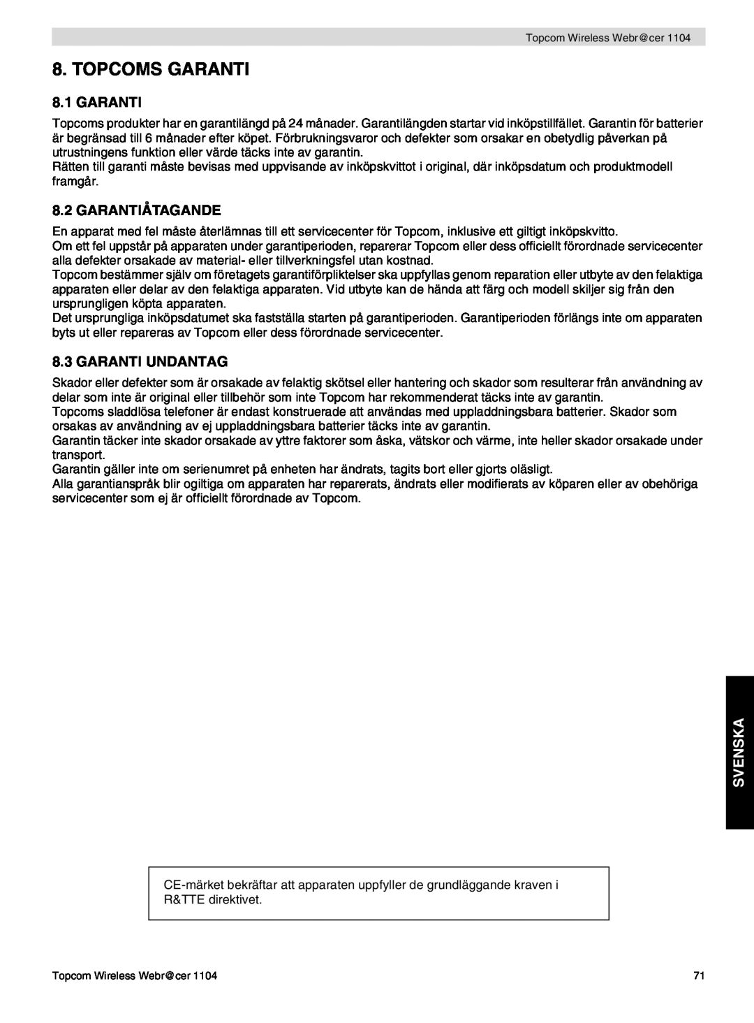 Topcom 1104 manual do utilizador Topcoms Garanti, Garantiåtagande, Garanti Undantag, Svenska 