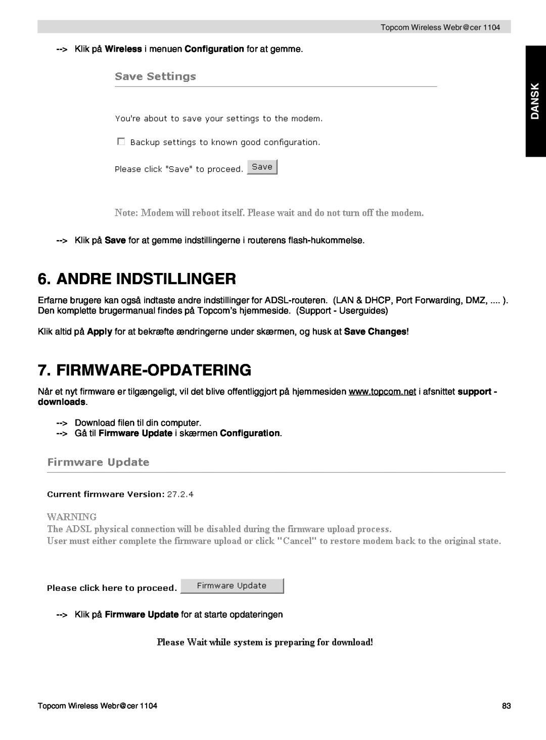 Topcom 1104 Andre Indstillinger, Firmware-Opdatering, Dansk, Gå til Firmware Update i skærmen Configuration 