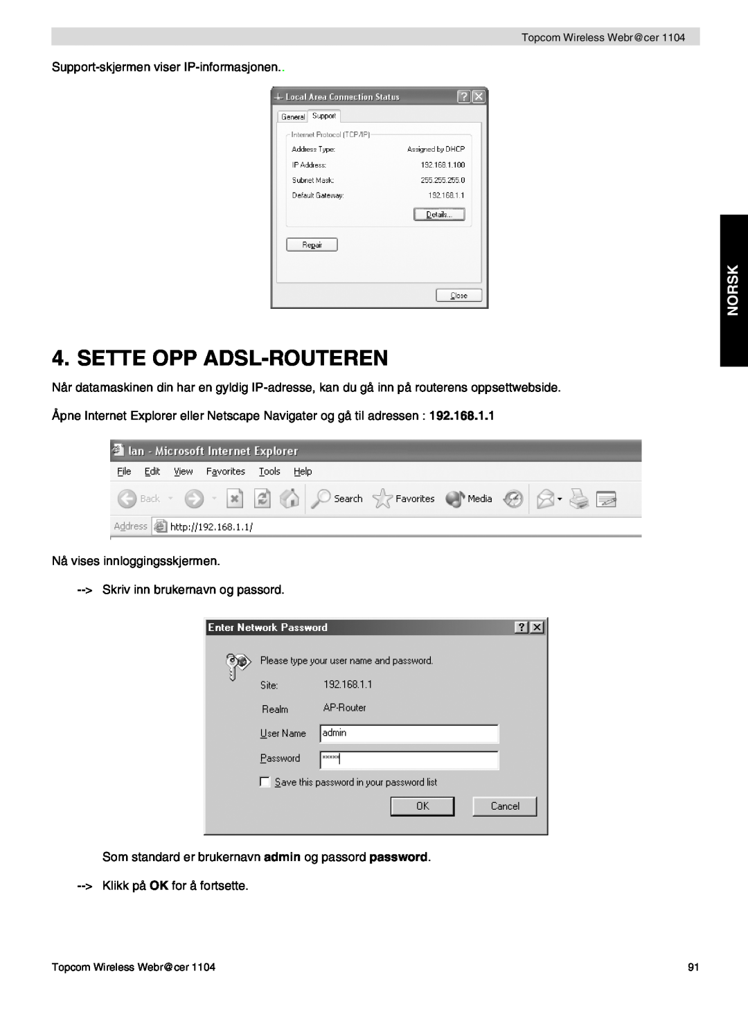 Topcom 1104 manual do utilizador Sette Opp Adsl-Routeren, Norsk 