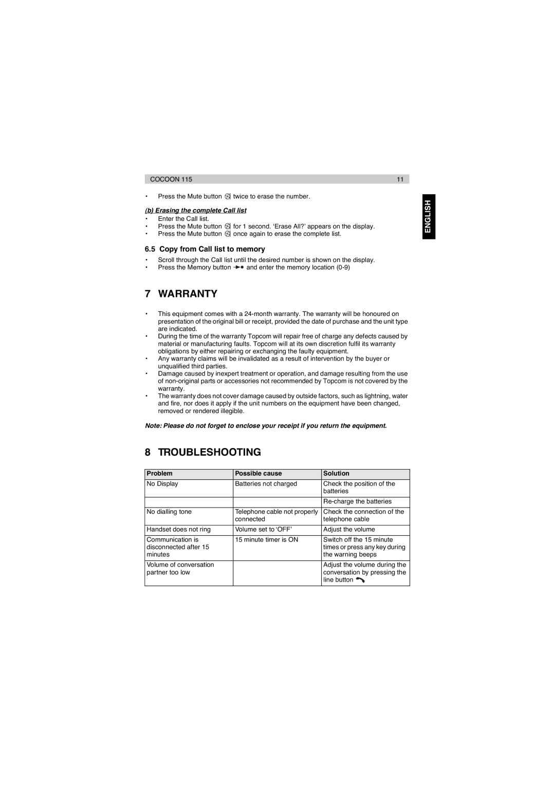 Topcom 115 manual Warranty, Troubleshooting, Copy from Call list to memory, Erasing the complete Call list 