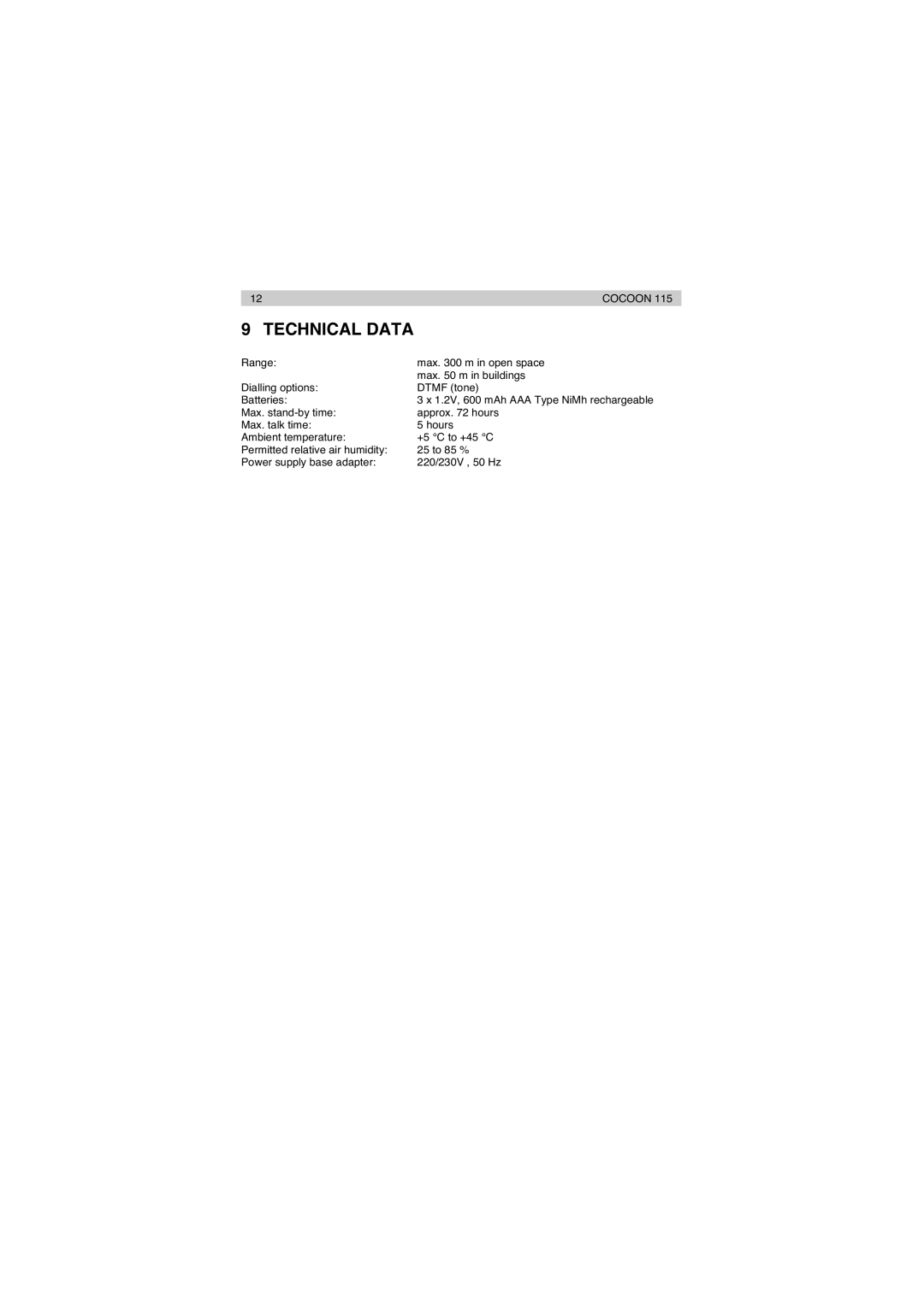 Topcom 115 manual Technical Data 