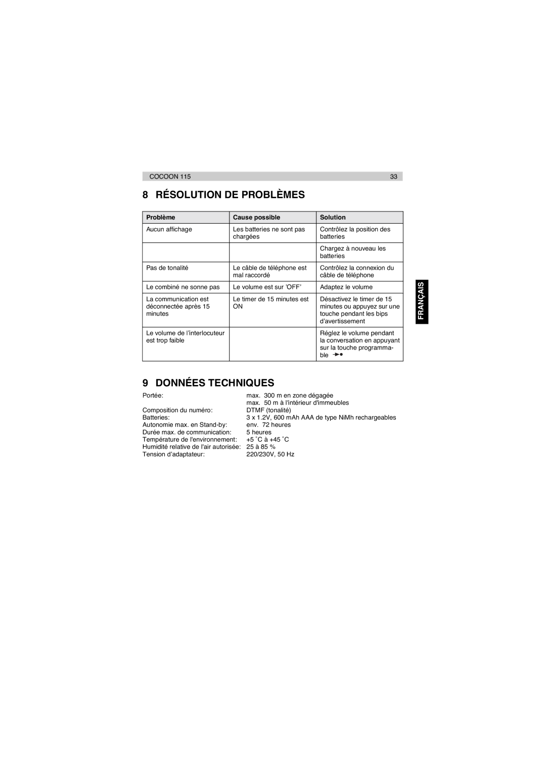 Topcom 115 manual Résolution DE Problèmes, Données Techniques 