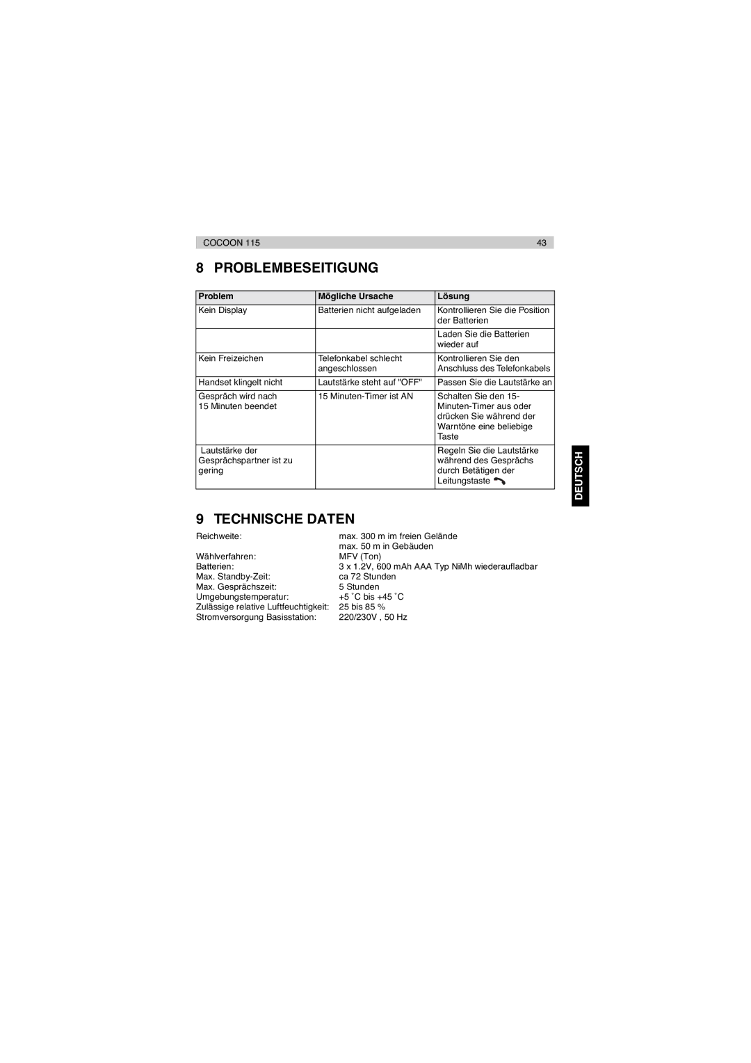 Topcom 115 manual Problembeseitigung, Technische Daten 