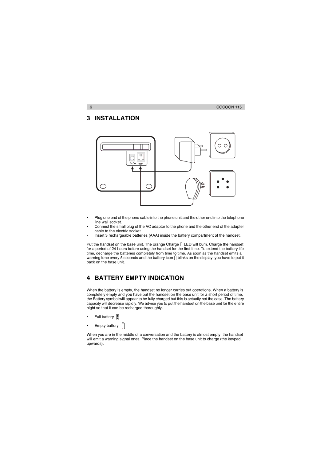 Topcom 115 manual Installation, Battery Empty Indication 