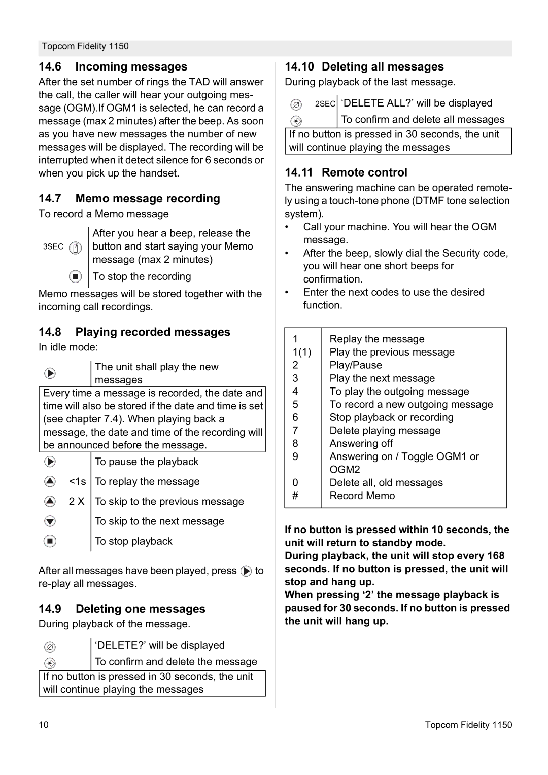 Topcom 1150 Incoming messages, Memo message recording, Playing recorded messages, Deleting one messages, Remote control 