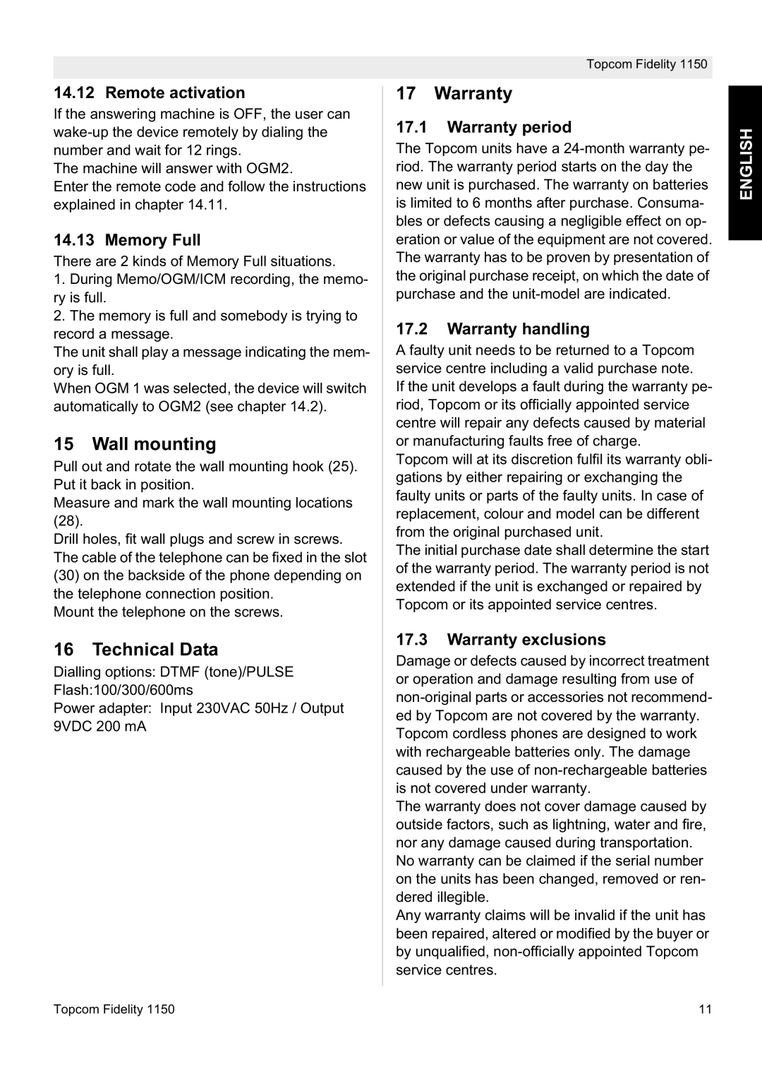 Topcom 1150 manual Wall mounting, Technical Data, Warranty 