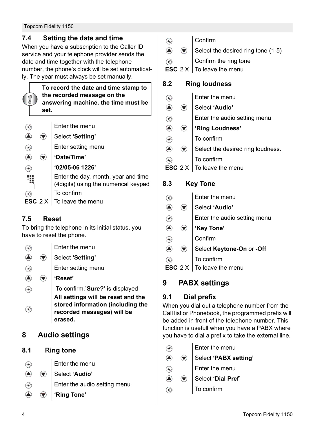 Topcom 1150 manual Audio settings, Pabx settings 