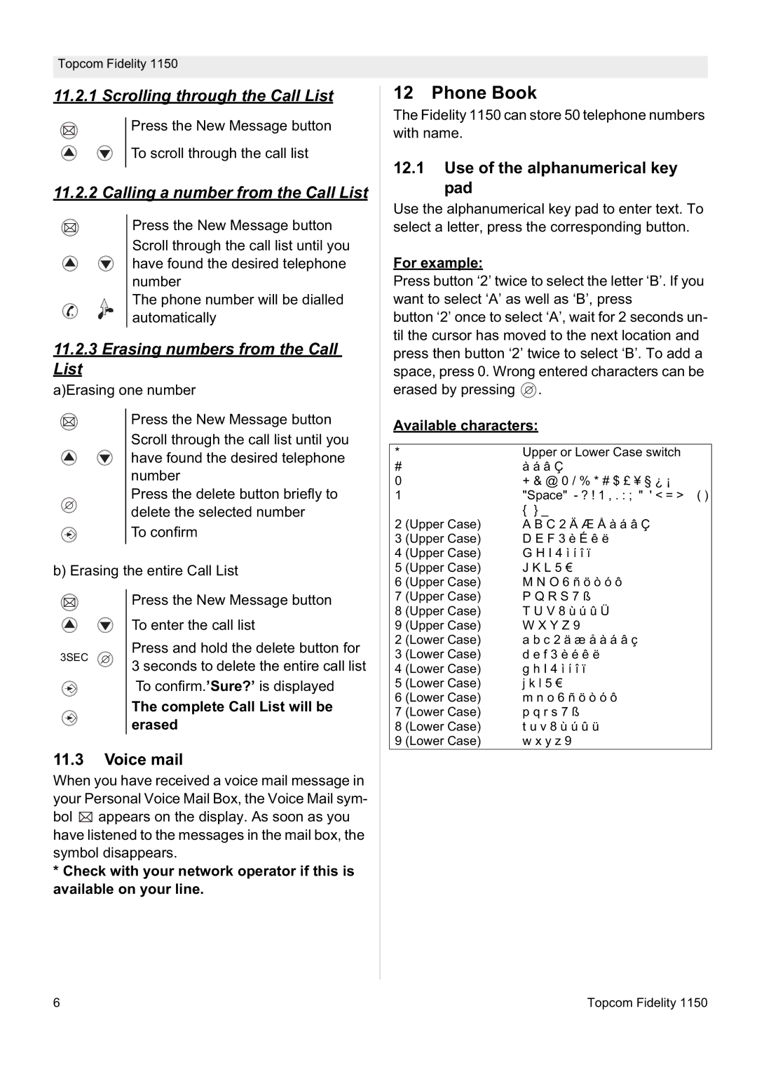 Topcom 1150 manual Phone Book, Voice mail, Use of the alphanumerical key pad 