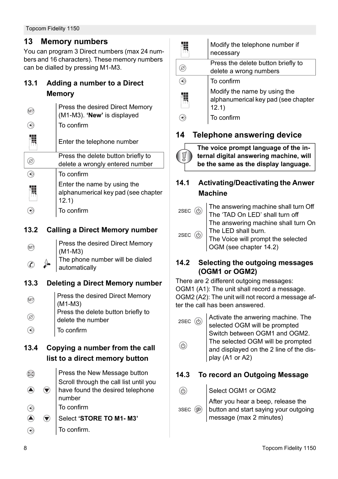 Topcom 1150 manual Memory numbers, Telephone answering device 
