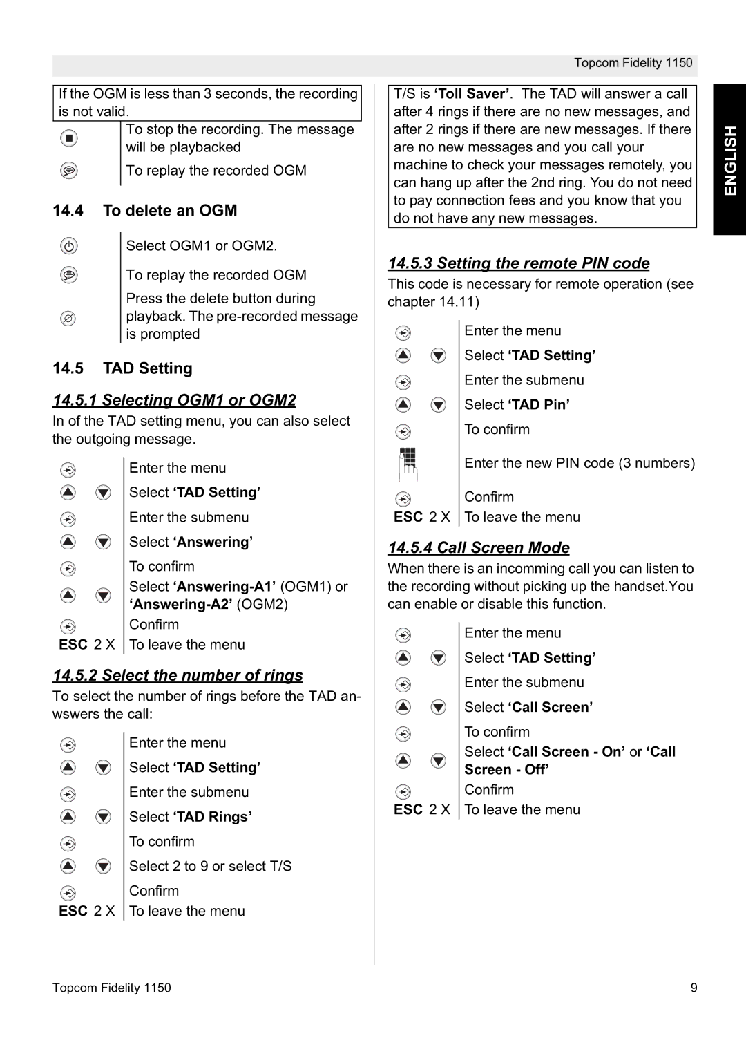 Topcom 1150 manual To delete an OGM, TAD Setting 