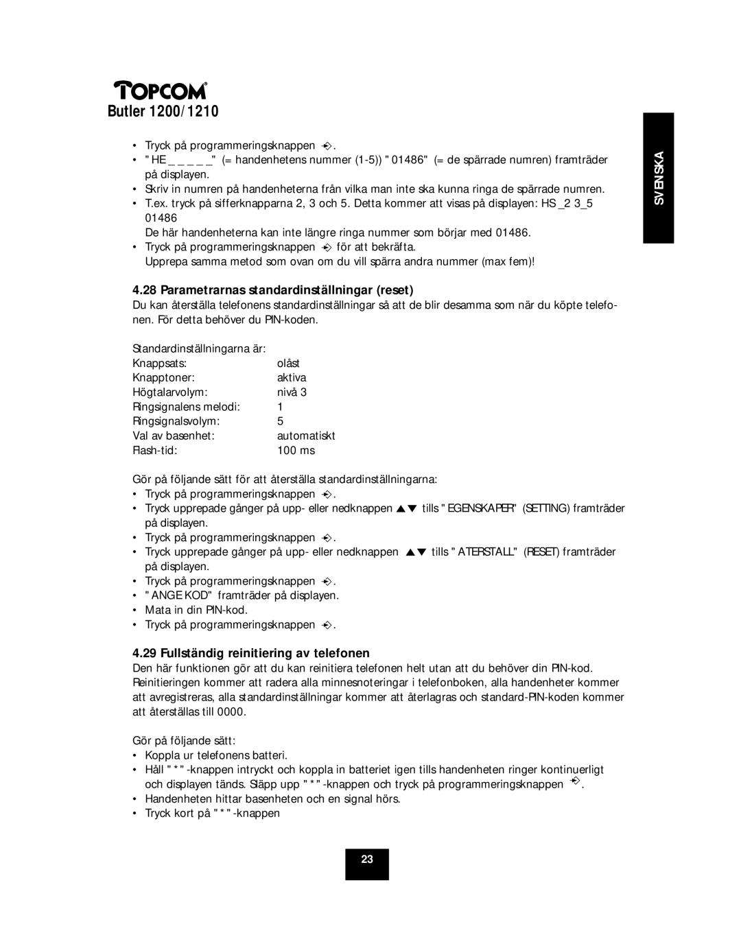 Topcom 1210, 1200 manual Parametrarnas standardinställningar reset, Fullständig reinitiering av telefonen 